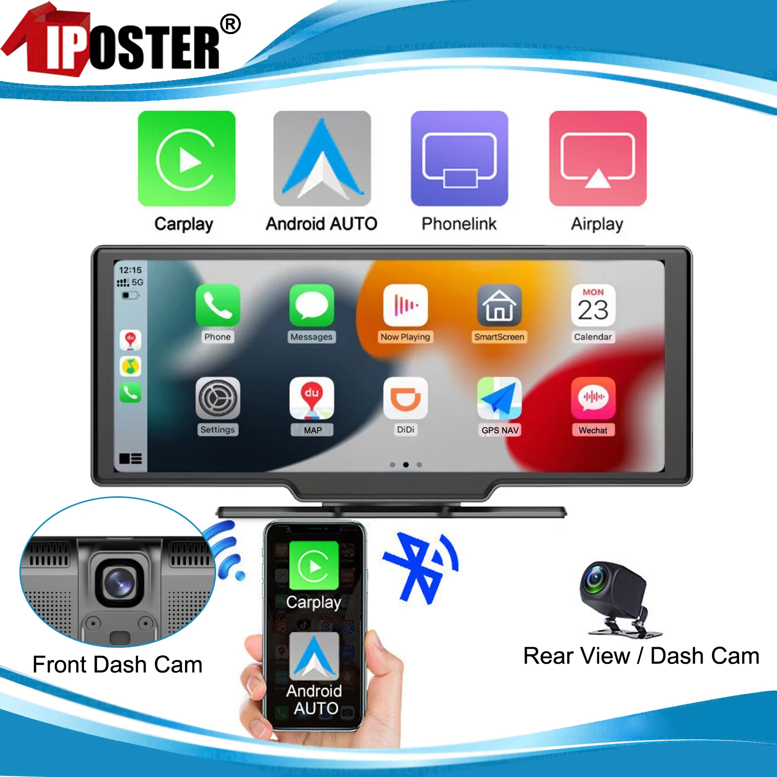Iposter 10.26 Pollici Dash Cam Wireless Carplay E Android Auto Fm Bluetooth Audio Car Dvr Videoregistratore Gps Fotocamera Posteriore 12V