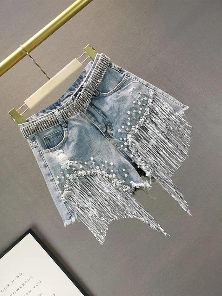 2024 Spring Summer Denim Shorts for Women New European High Waist Slim Bottom Ripped Beaded Fringed Wide Leg Short Pants