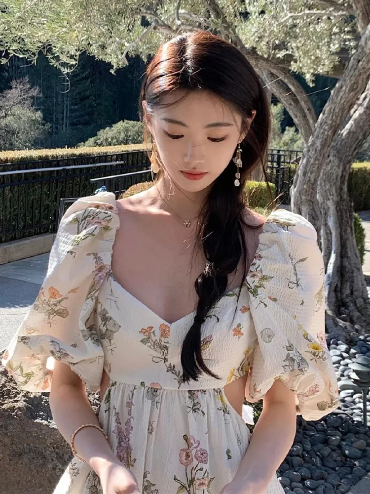 

Women's Summer Vintage Short Floral Dress Square Collar Puff Sleeve Waist-hollow Out Mini Sundress Female French Style