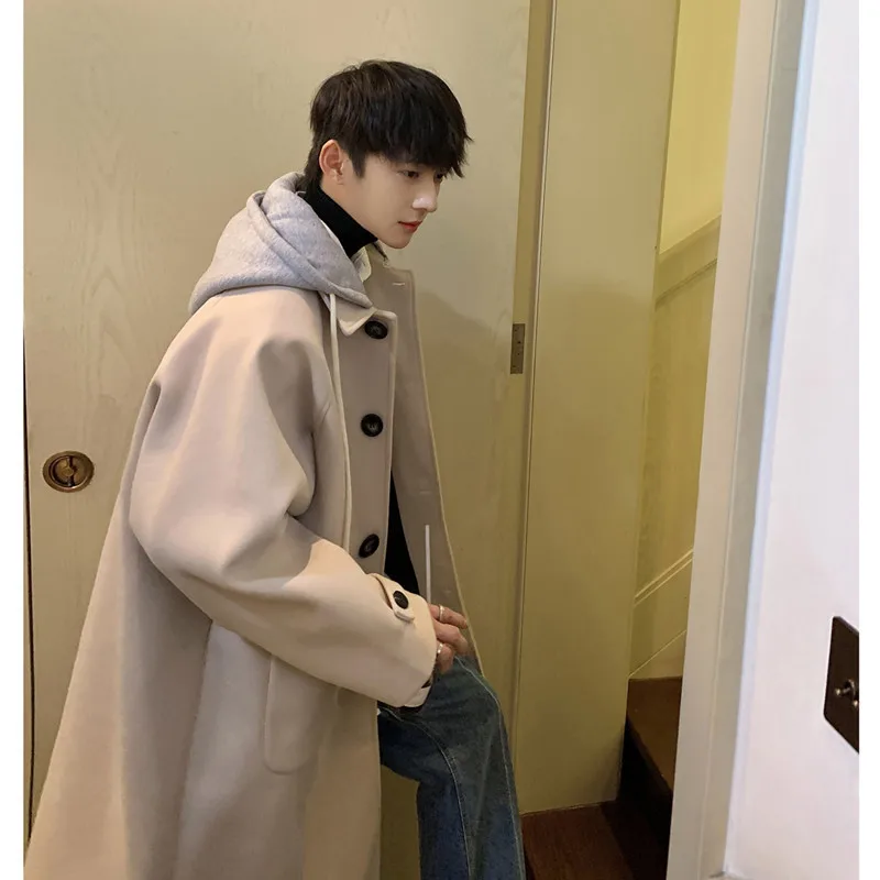 Korean Style Medium To Long Woolen Coat for Men Autumn Winter Loose Fake Two Pieces Hooded Windbreaker Jackets Y2k Men Clothing