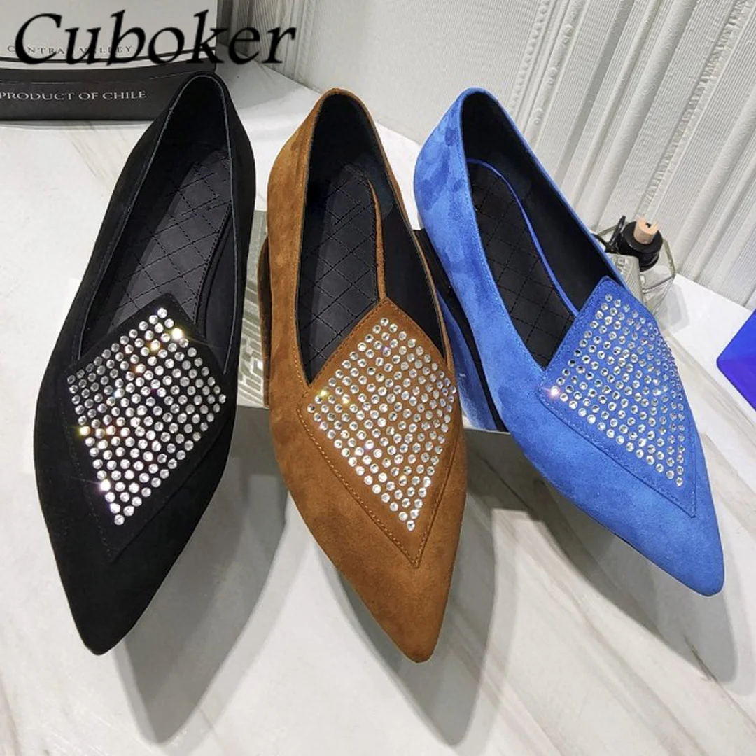 

2022 Designer Shoes Spring Summer Casual Women Crystal Flats Kid Suede Point Toe Women Loafers Decor Flat Mules chaussure femme