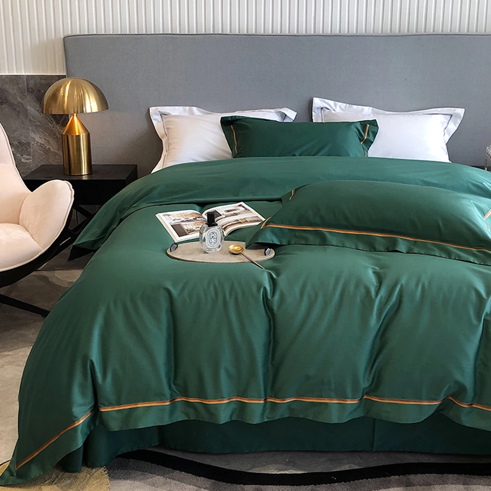 

2023 New 60 Long Velvet Embroidery Striped Color Matching Four-piece Set Of Pure Cotton Luxury Bedding Can Be Customized Green
