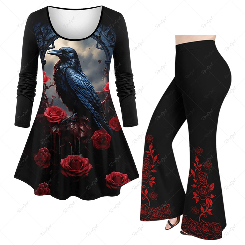 

Casual Matching Set for Women 3D Rose Flower Bloody Leaf Eagle Flame Print Long Sleeves T-shirt or Pull On Flare Pants Set