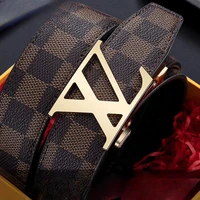 Men's Genuine Leather Belt with Check Pattern, Automatic Buckle, Business Casual Style, Elegant Gift Box Included