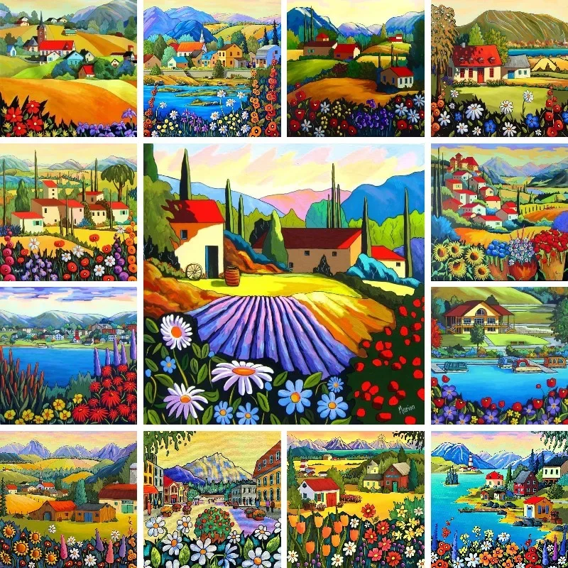 Pittura Diamante 5D Fai Da Te Naive Art House, Colline E Alberi Ricamo Diamante Paesaggio Punto Croce Pieno Mosaico Rotondo Strass