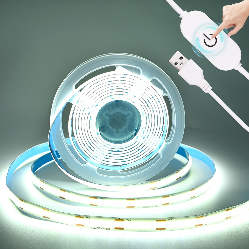1/2/3M USB LED Strip Light 5V 320LEDs/M COB Touch Dimmable Super Bright Flexible Lamp Tape For Bedroom Kitchen Night Lighting
