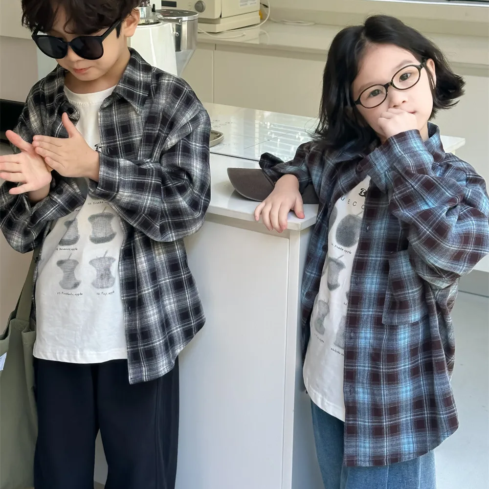 Autumn sibling clothes Korean style Boys and girls Flocking plaid shirts Children's casual all-match loose long sleeve Tops