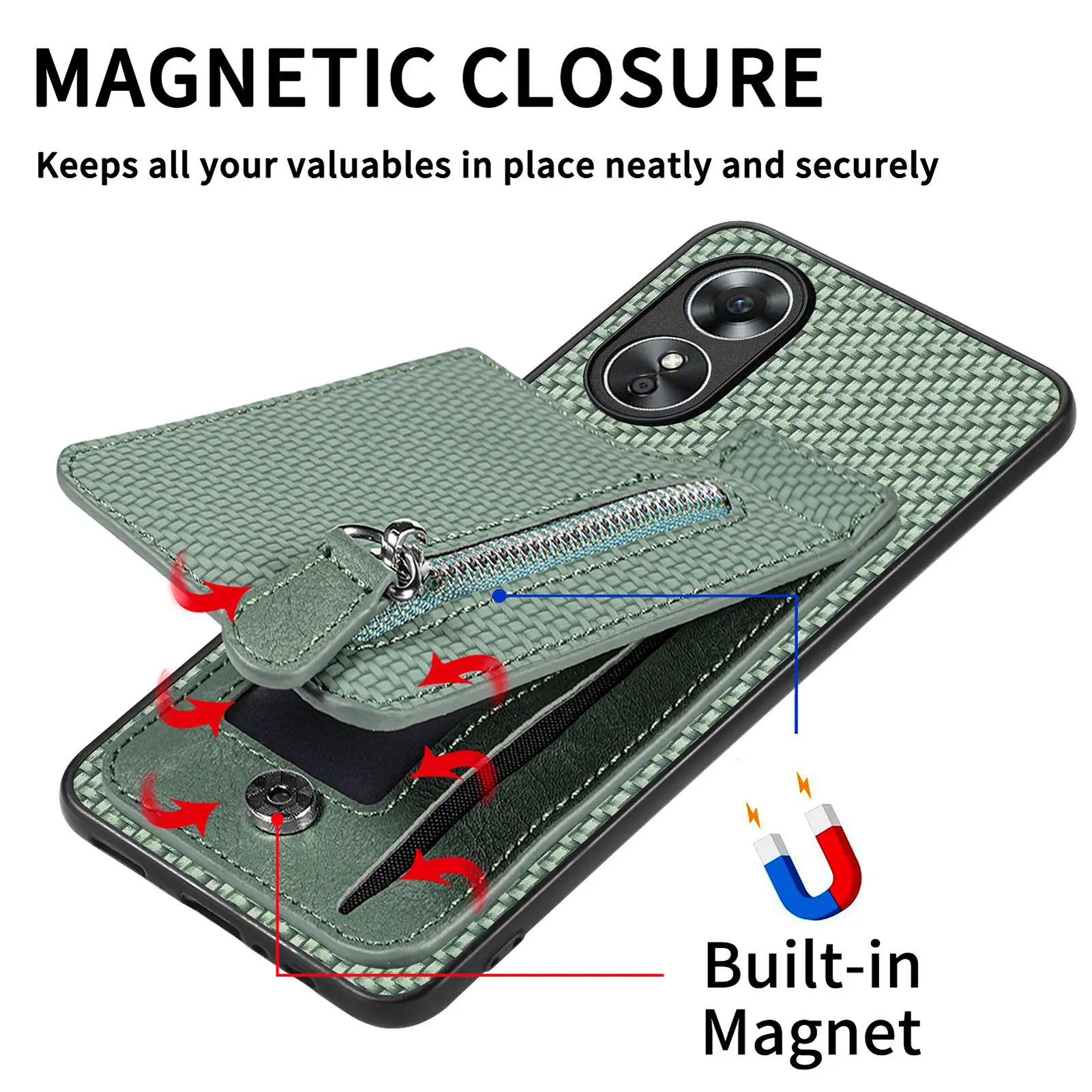 Zipper Magnetic Card Holder Wallet Case with Card Slot and Back Cover