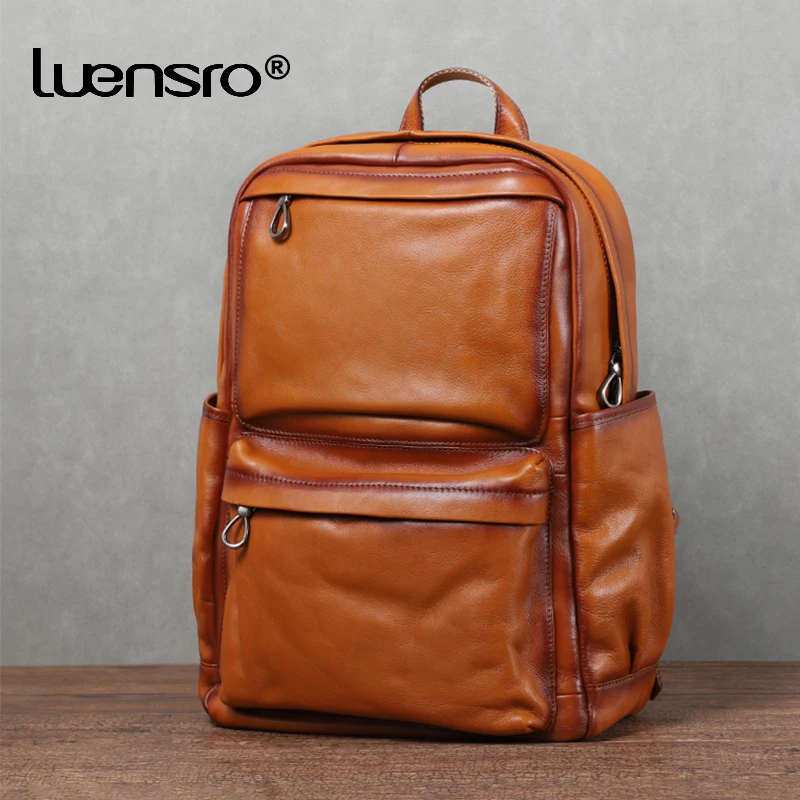 Men Backpack Vintage Genuine Leather Leather Laptop Backpacks Men