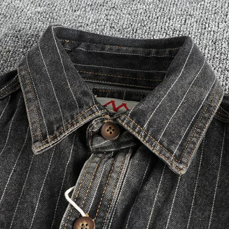 Heavy British retro black gray striped denim shirt men autumn end single cargo pocket shirt coat denim shirt
