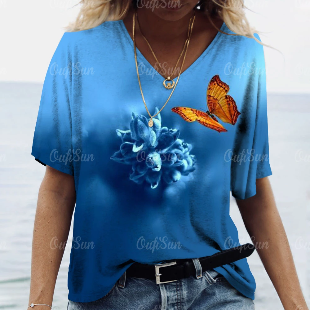 

Women Short Sleeves V-Neck T-Shirts Butterfly Print Casual Pullover Sleeves Oversized Tee Shirt Female Fashion Clothing Summer