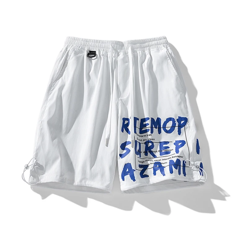 Men's Summer Elastic High Waist Pockets Letter Bandage Printing Drawstring Casual Loose Trousers Fashion Vacation Punk Shorts