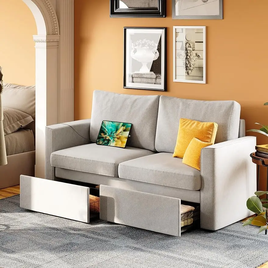 

Loveseat Sofa with Drawer & Charging Port,Couches for Living Room with Track Armrest, Double Sofa for Bedroom living room, Grey