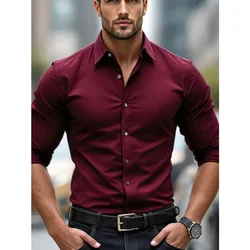 Men's Solid Color Long Sleeve Smart Casual Business Shirt - L (Red)