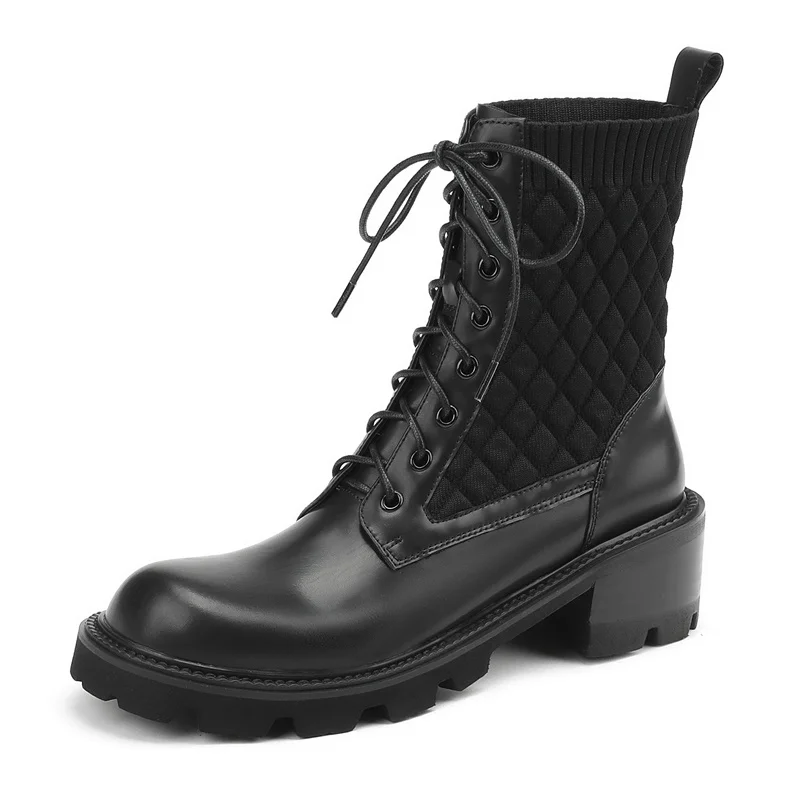 

stretch embroidery black platform combat ankle boots for women lace up buckle strap woman shoes winter biker boots military boot