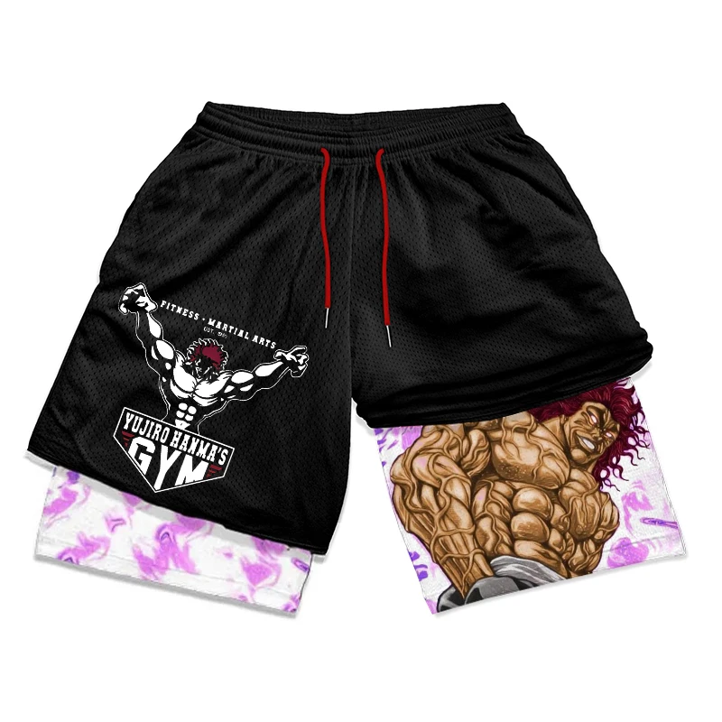 Stylish Anime Baki Hanma Graphic Shorts for Men Athletic Gym Workout 2 in 1 Shorts with Compression Liner Fitness Activewear 2