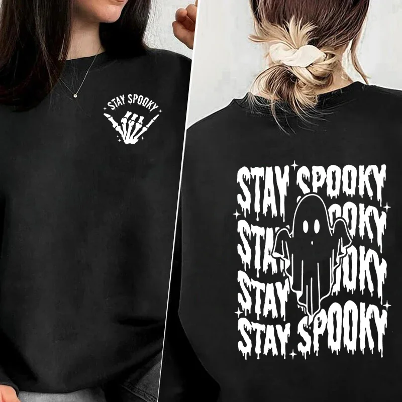 

Stay Spooky Skeleton Hand Halloween Sweatshirt Women Harajuku Pullover Hoodie Funny Fall Crewneck Sweatshirt Long Sleeve Coats