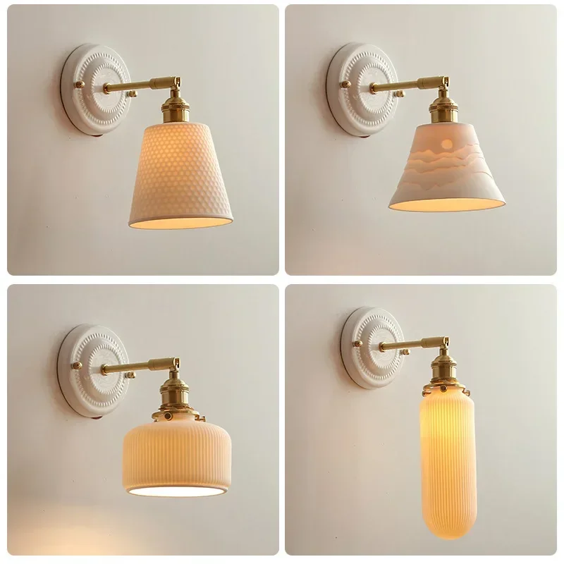 

White Ceramic Modern Wall Lamp Bedroom Living Room Bathroom Mirror Light Copper Nordic Japanese Style LED Wall Light