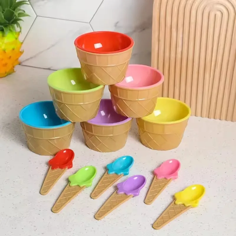 1/2set- Ice Cream Bowl Spoon Sets Candy Color Reusable Ice Cream Yogurt Cups Lovely Dessert DIY Food Mixing Tableware Tools