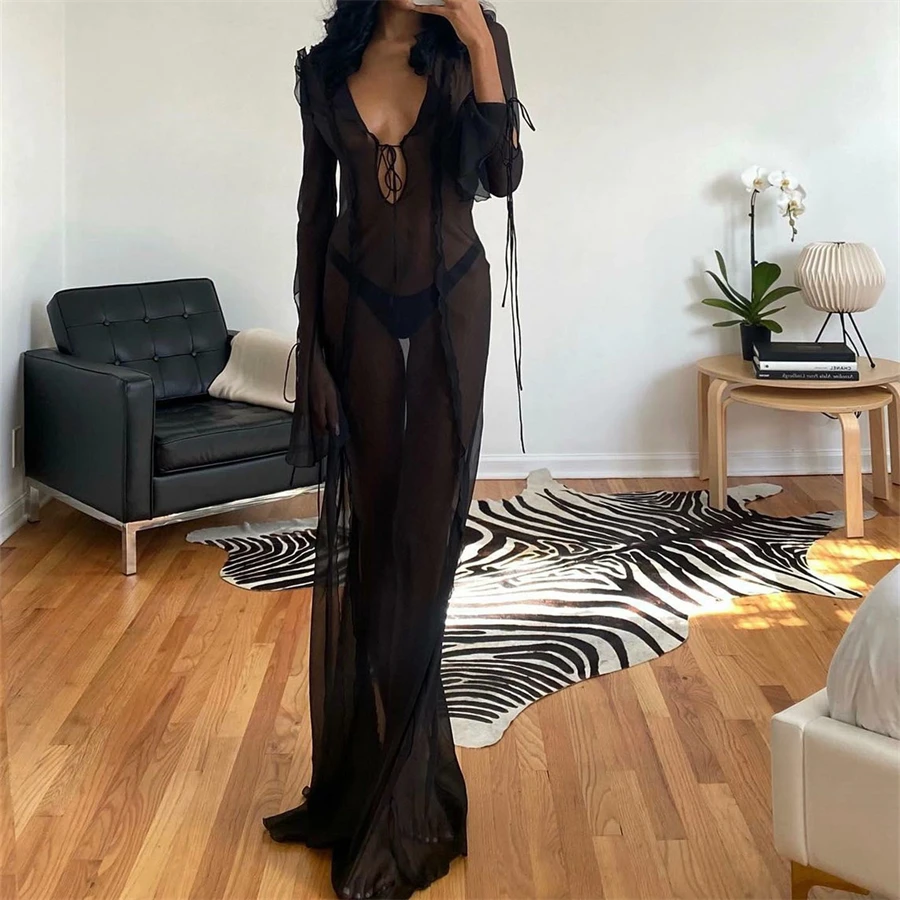 See-through Ruffles V Neck Tie-Up Beach Long Dress Summer Sexy Bikini Cover-Ups Long Sleeve High Split Hem Mesh Dress