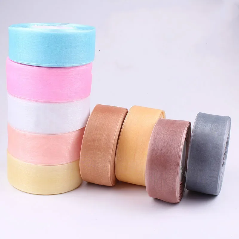 12/15/20/25/40/50mm (50 야드/롤) Organza 얼룩 리본 DIY 공예 결혼식 파티 장식 케이크 선물 활 포장 리본