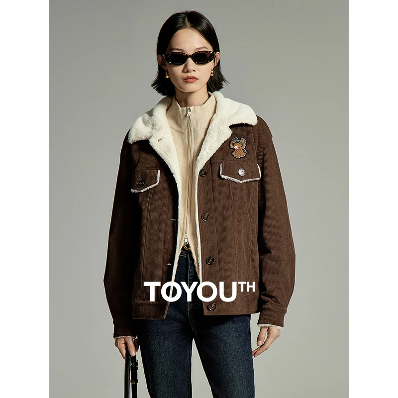 

Toyouth Women Thickened Corduroy Jacket 2023 Winter Long Sleeve Plush Lapel Loose Thick Coat Embroidery Retro Warm Outwear