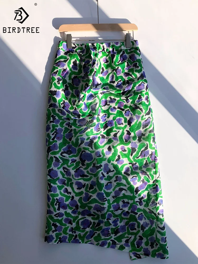 

Birdtree 2024 Spring Summer Women Skirts Fresh Green and Purple Printed Silk and Linen Blended Chic Small Slits Skirt B41359QM