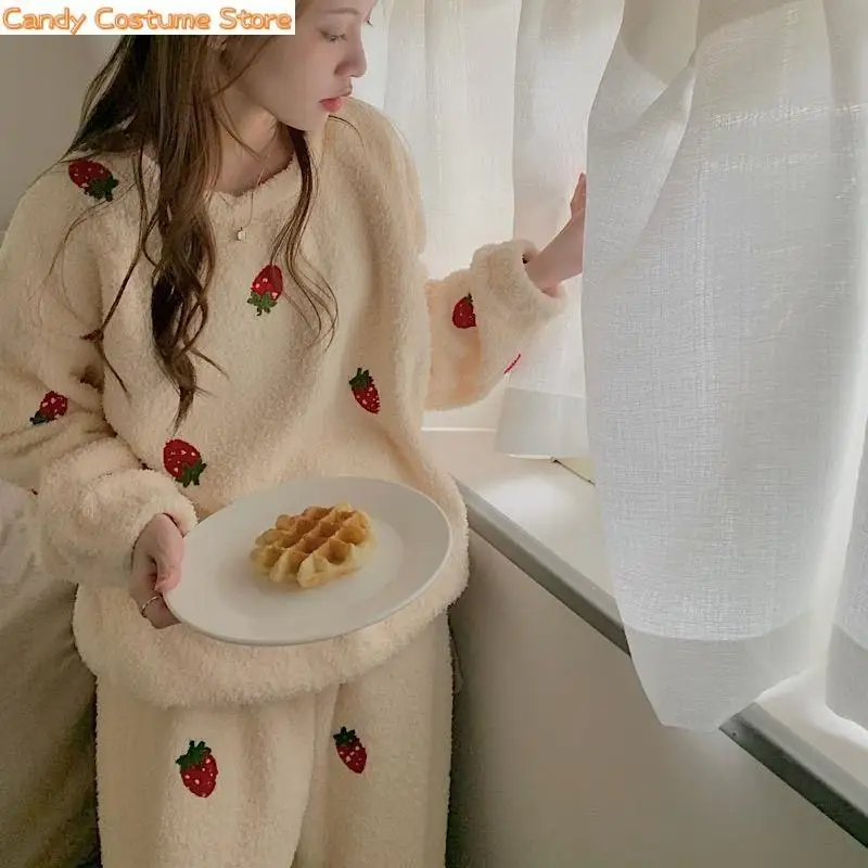 Women Strawberry-Prints Kawaii Girlish Winter Flannel Sleepwear Fashion Simple Round Neck College Warm Loungepajama Sets for