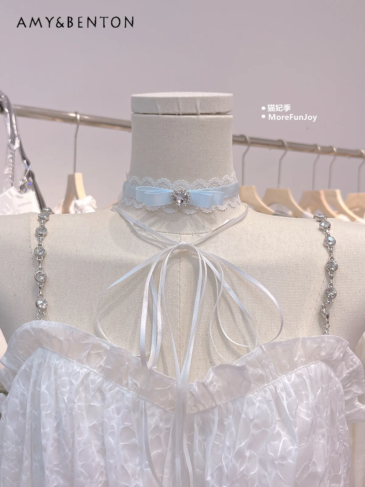 Kawaii Delicate Heart Diamond Bow Bandage Necklace Sweet Cute Lace Stitching Goth Choker Necklace All-Match Lolita Necklaces