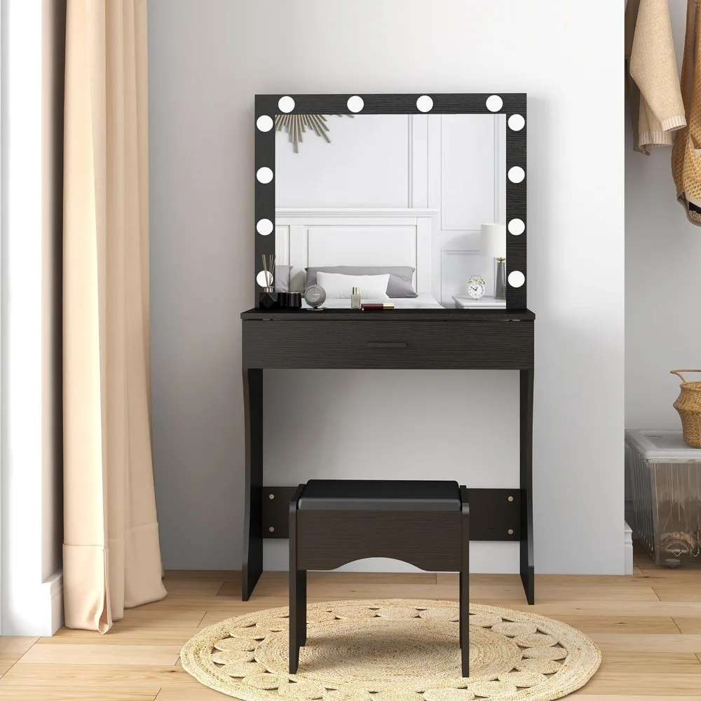 illuminated makeup vanity desk with mirror and storage drawer