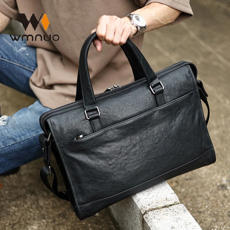 

wmnuo Briefcase for Men Vegetable Tanned Cowhide Retro Messenger Bag Male Big Commercial Laptop Bag Man Men's Handbag Office