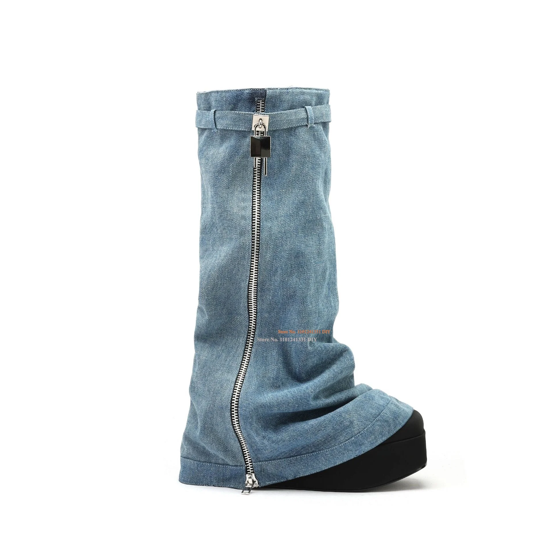 

Thick Platform Light Blue Denim Padlock Wedge Knee High Boots Women Wash Jeans Zipper Metal Decor High Heel Long Boot