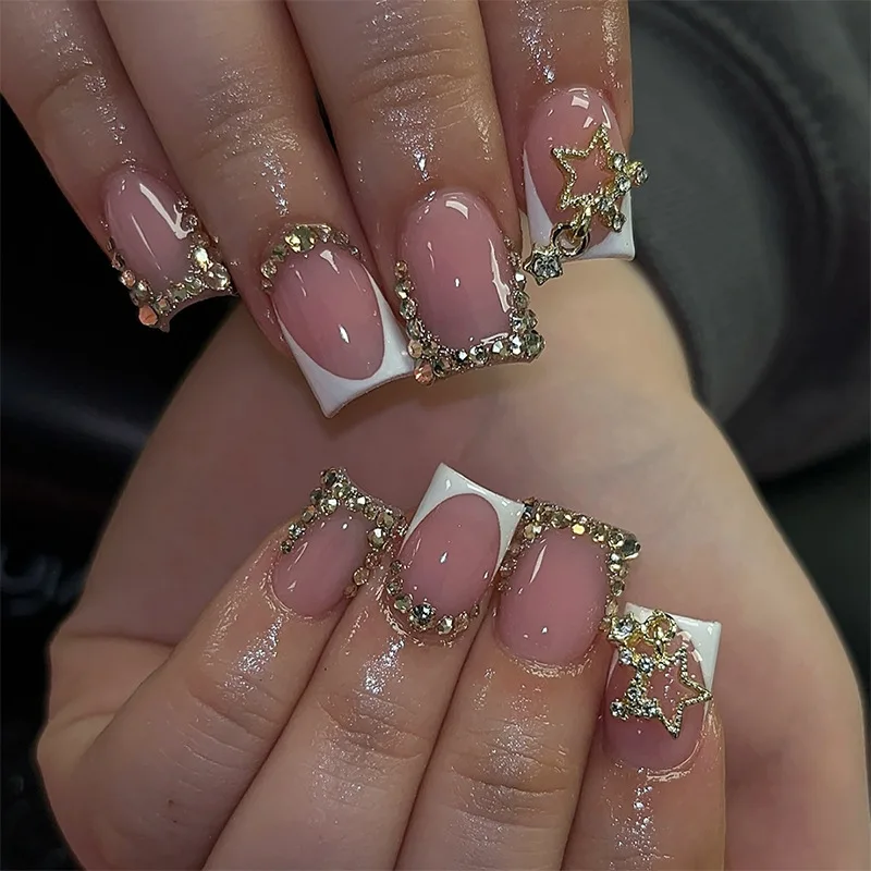 24개 심플 프렌치 프레스온 네일, 짧은 스퀘어 프레스온 네일, 꽃 모양 라인스톤 가짜 네일, 풀커버 웨어러블 네일 아트