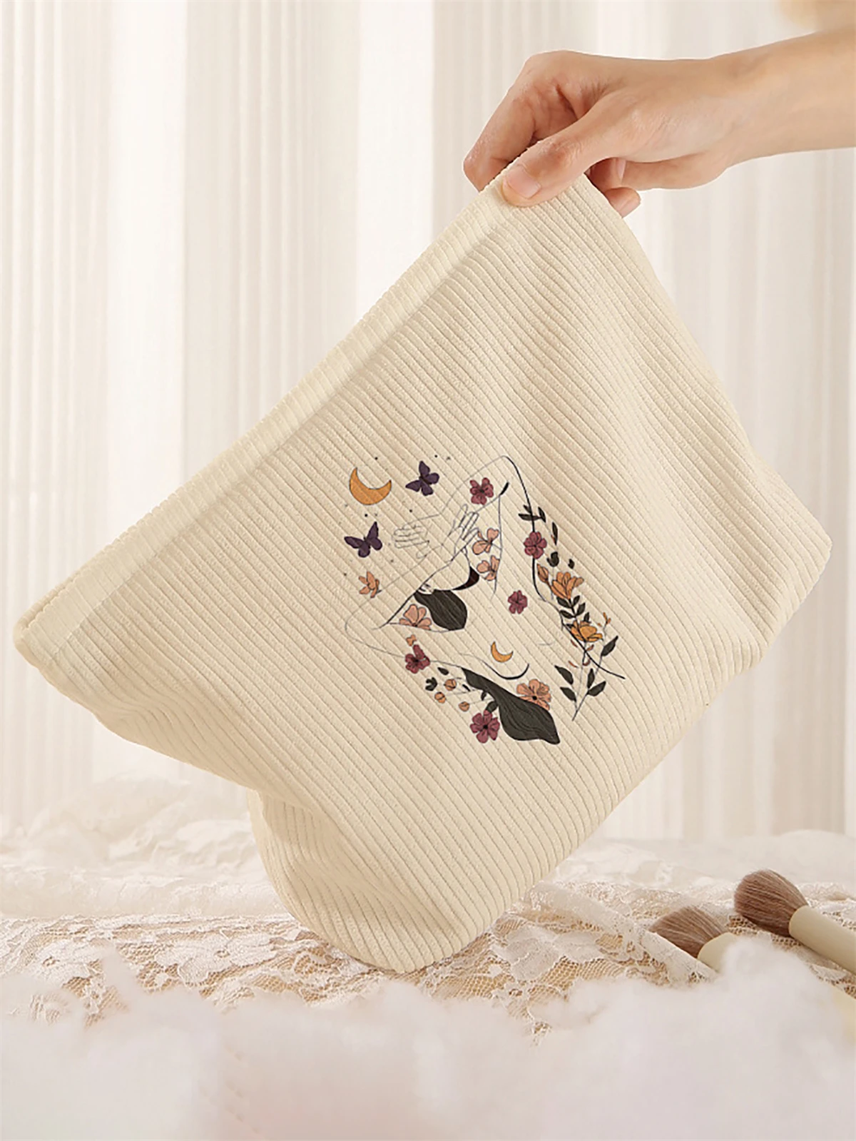 Corduroy makeup bag, lightweight zipper makeup storage box, multifunctional bag with lining