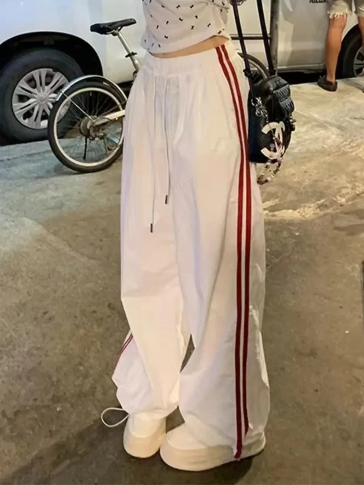 American Sports Splice Stripe Casual Pants Women Summer Loose Waist Wide Leg Pants High Waist Long Pants Commute Sle