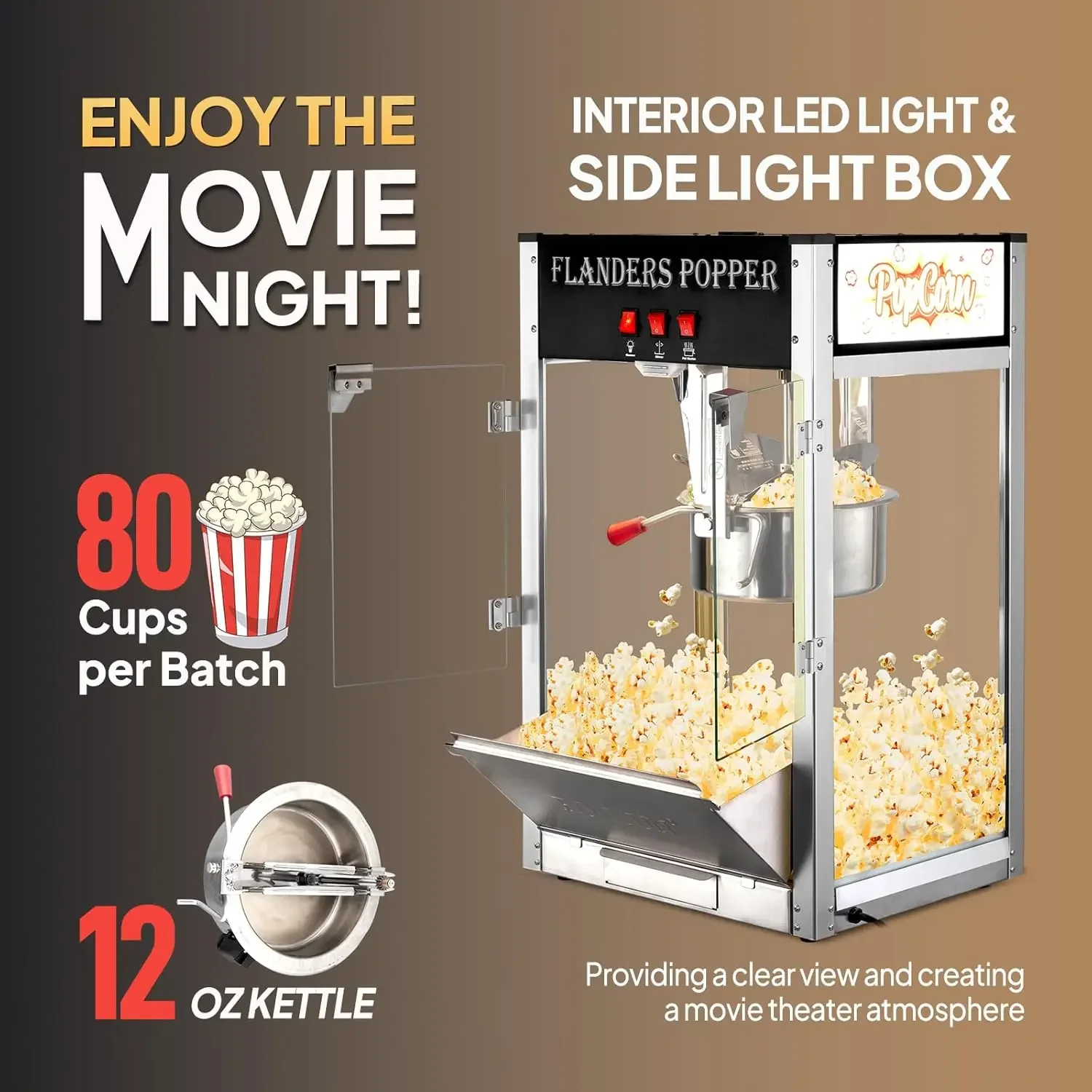 ROVSUN Popcorn Machine with 12 Ounce Kettle Makes, Countertop Popcorn Maker w/Stainless Steel Scoop, Oil Spoon & 3 Cups