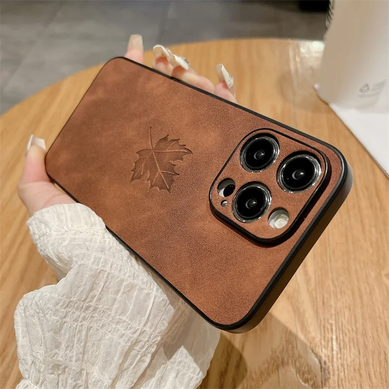 Elegant Maple Leaf Leather Pattern Phone Case with Lens Protection and Matte Finish