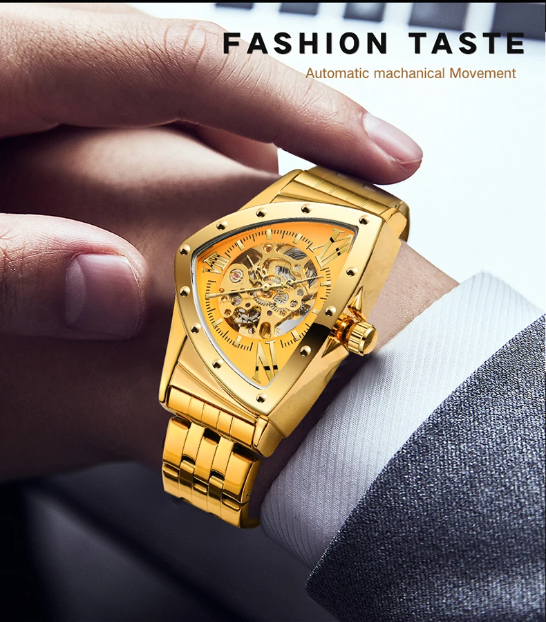Forsining Military Triangle Skeleton Automatic Watch for Men Gold Sports Mechanical Watches Luxury Stainless Steel Strap Luminou