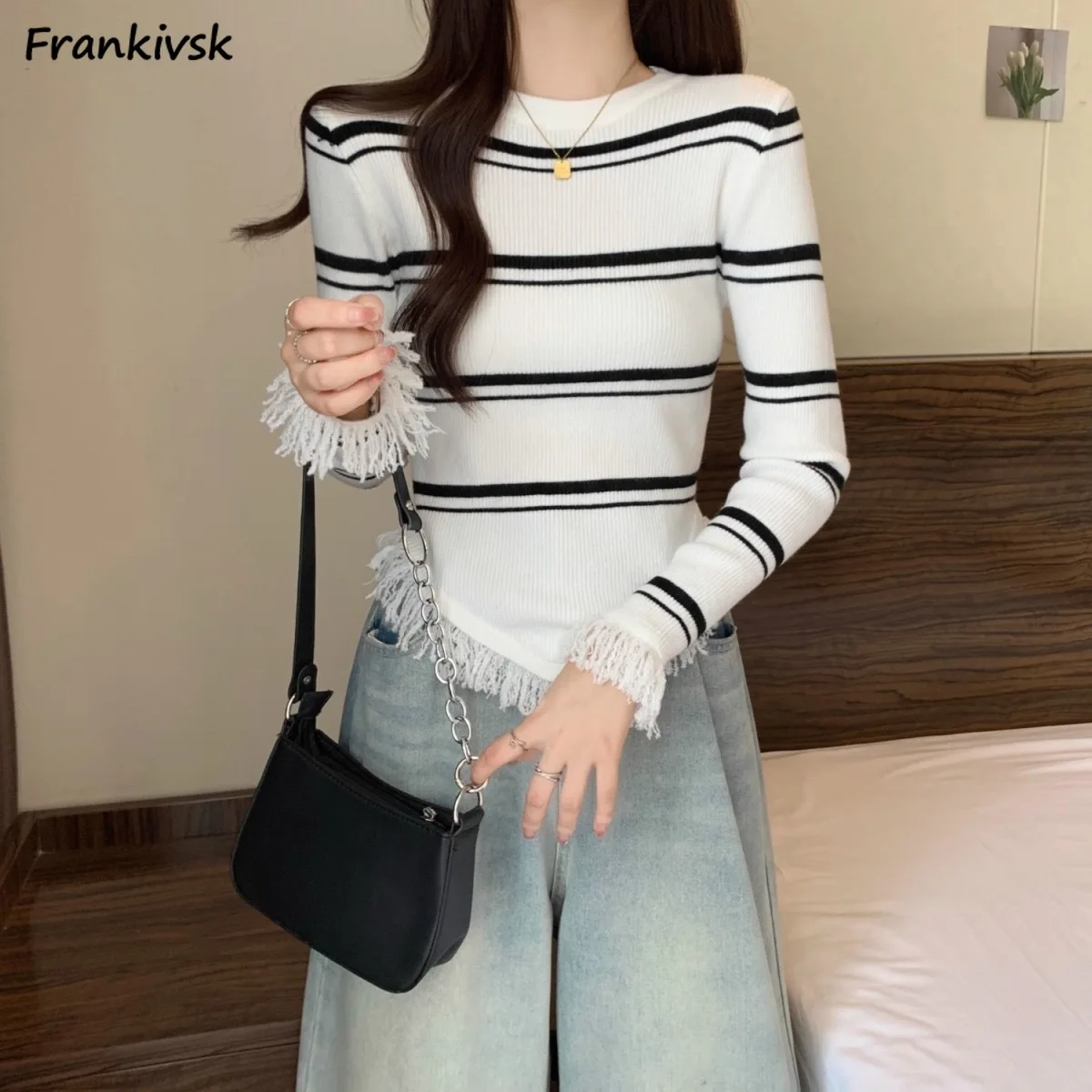 

Tassel Sweaters Women Striped Contrast Color Spring Autumn Slim All-match Advanced Daily Leisure Temperament Streetwear Retro