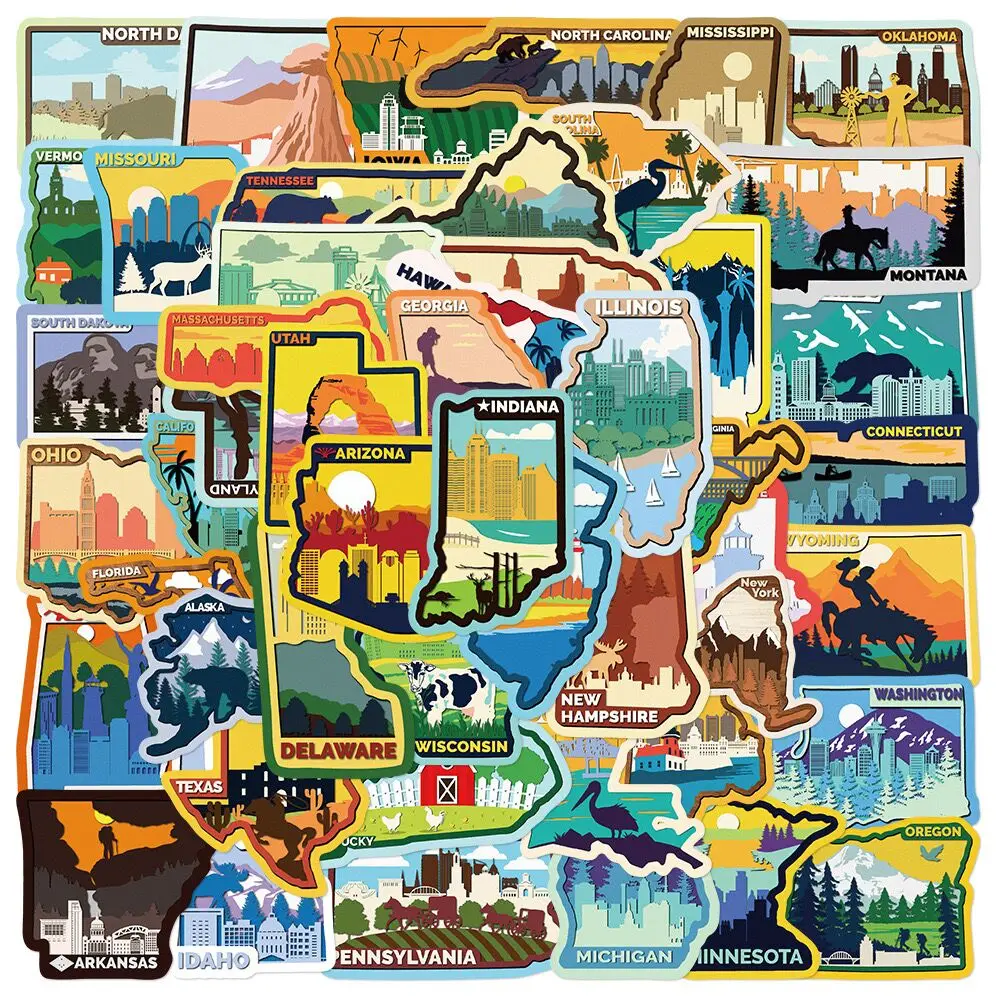 USA American 50 States Travel Stickers 10/50Pcs Aesthetic Decals DIY Luggage Phone Motorcycle Car Bike Laptop Kids Toy