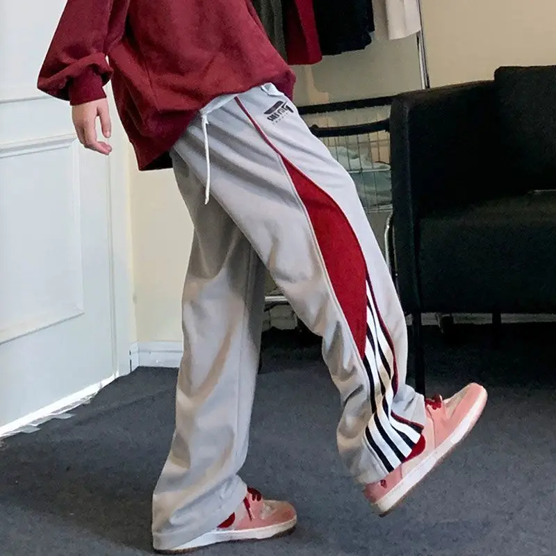 American High Street Loose Straight Wide Leg Pants Men's Autumn Contrasting Stripes Drawstring Pockets Patchwork Sports Trousers