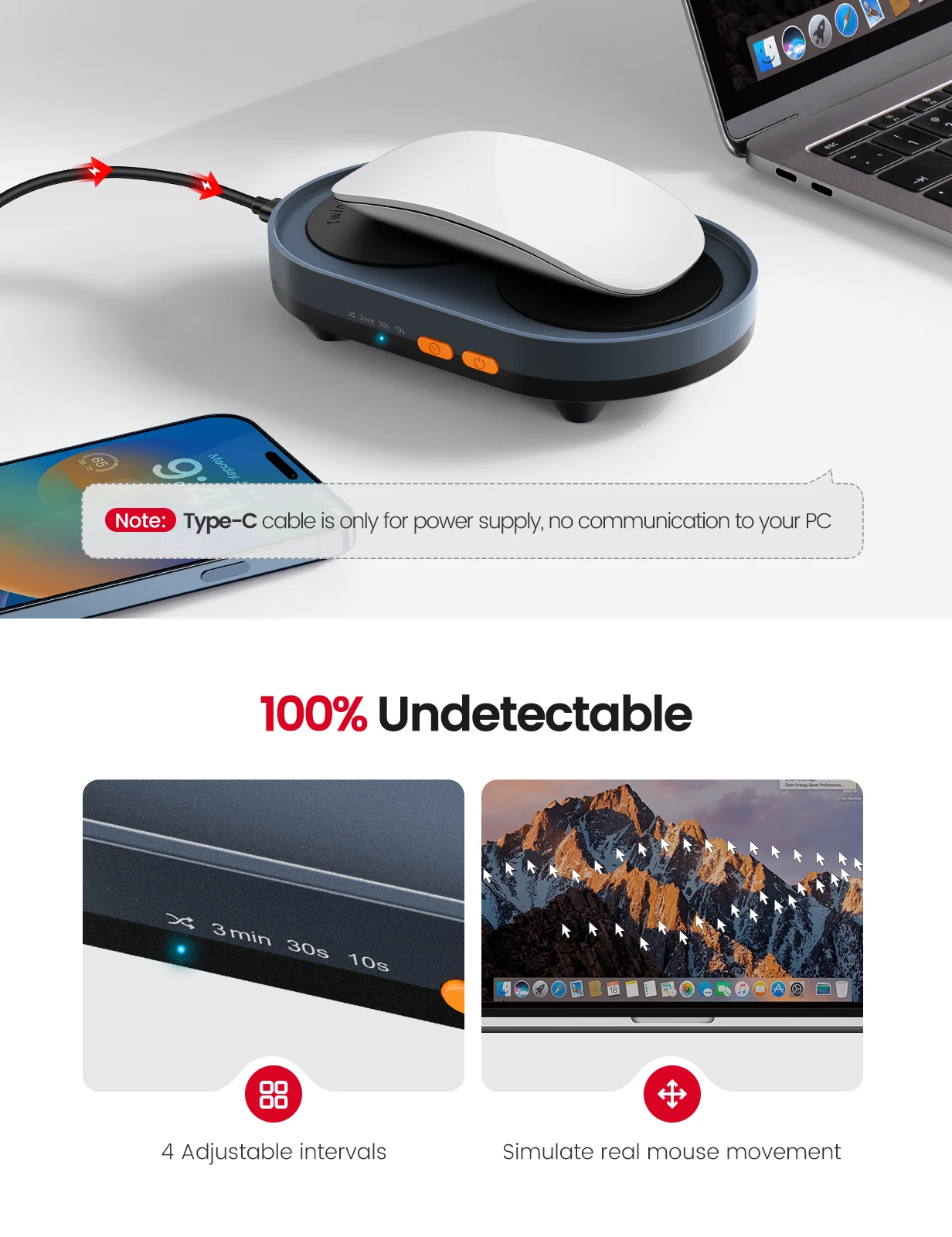 Dual Turntable Mouse Mover, intervalos ajustáveis, interruptor