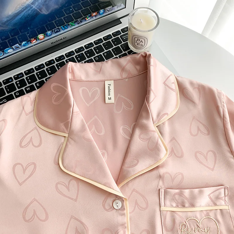 Elegant French Women 2Pcs Spring Summer Silk Satin Nightwear Elastic Waist Trouser Suits Loose Home Wear Black Leopard Loose