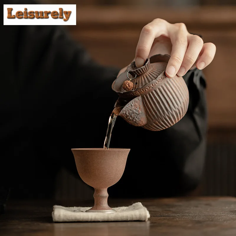 120ML Creative Old Rock Clay Teapot Handmade Stripe Coarse Pottery Pot Household Tea Making Kettle With Filter Tableware Craft
