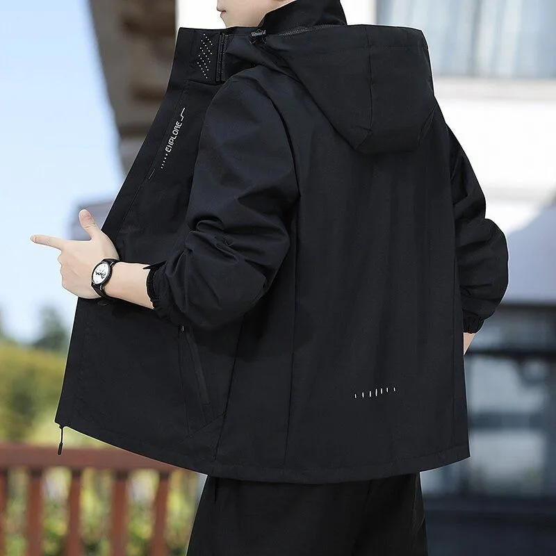 2023 New Spring Autumn men Outdoor Jacket Short Thin Windproof Overcoat Breathe Freely Loose Jacket Detachable Cap Outwear