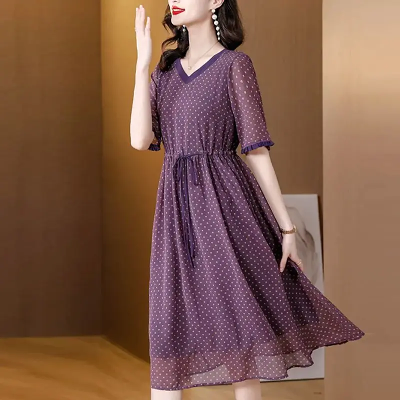 

Elegant V-Neck Printed Shirring Bandage Polka Dot Midi Dress Women's Clothing 2024 Summer New Loose Office Lady Ladies Dresses