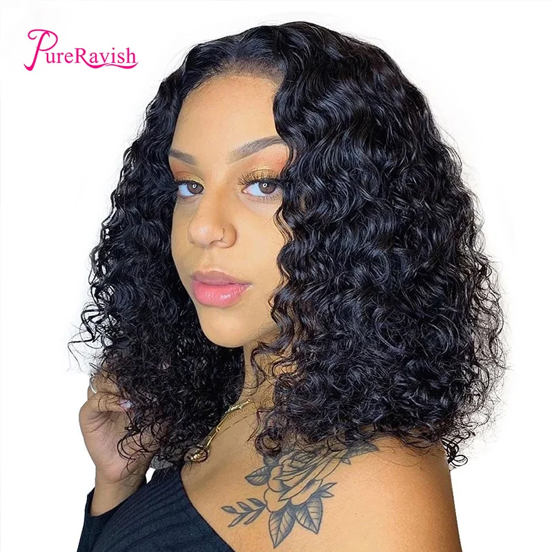 14 Inch Short Curly Human Wig Lace Frontal Hair Brazilian Wigs for Black Women Pre Plucked with Baby Deep Wave | Шиньоны и парики