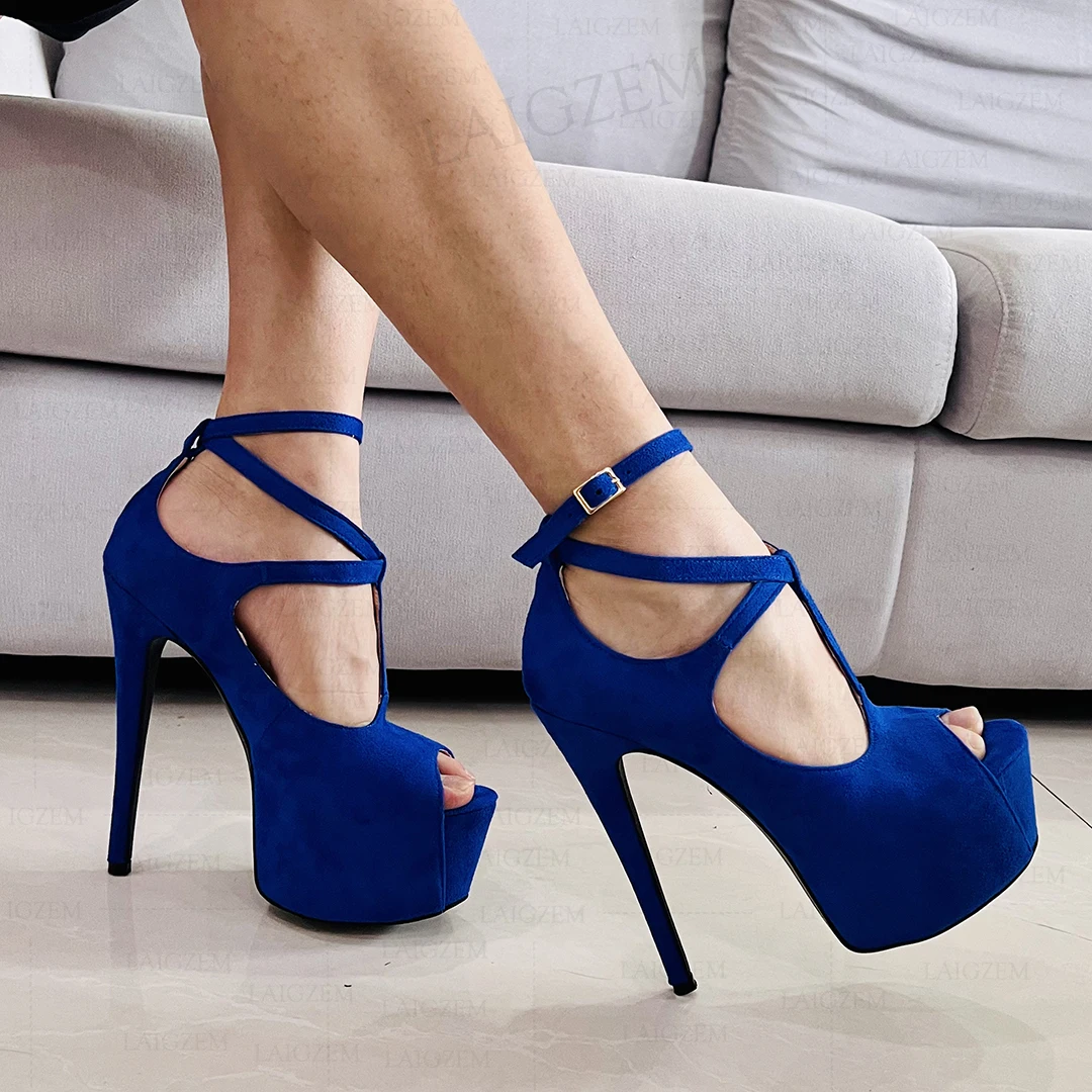 PRADA Royal Blue Suede Peep Toe Ankle Strap Platform … - Gem
