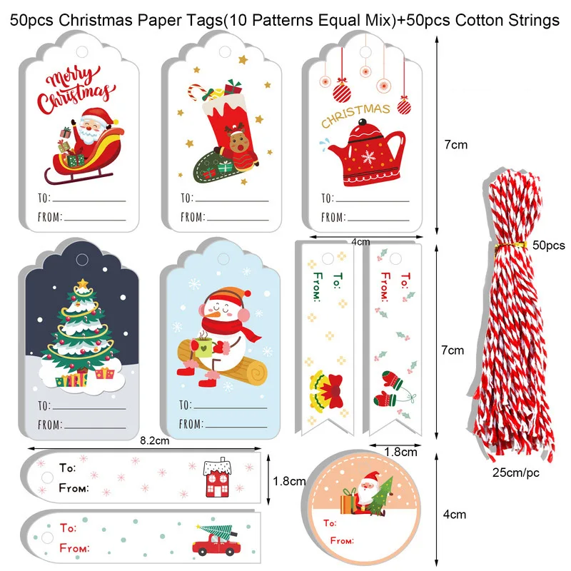 50 etiquetas de papel kraft para manualidades con texto en inglés "Merry Christmas", etiquetas para envolver regalos, etiquetas colgantes, tarjetas con copos de nieve de Papá Noel, suministros para fi