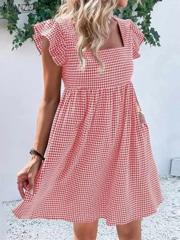 

ZANZEA Checked Square Neck Mini Dress Waisted Fashion Dresses 2023 Summer Plaid Robe Ruffles Sleeve Elegant Women Short Vestidos